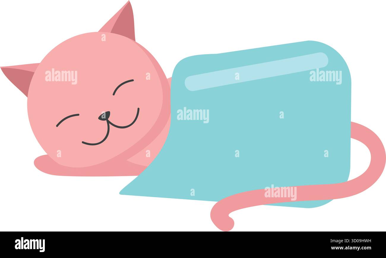 Il gatto dorme sotto il vettore della coperta calda. Adorabile riposo per animali con un'icona a quadri. Illustrazione del personaggio dei cartoni animati Sweet Dreams isolata su bianco Illustrazione Vettoriale
