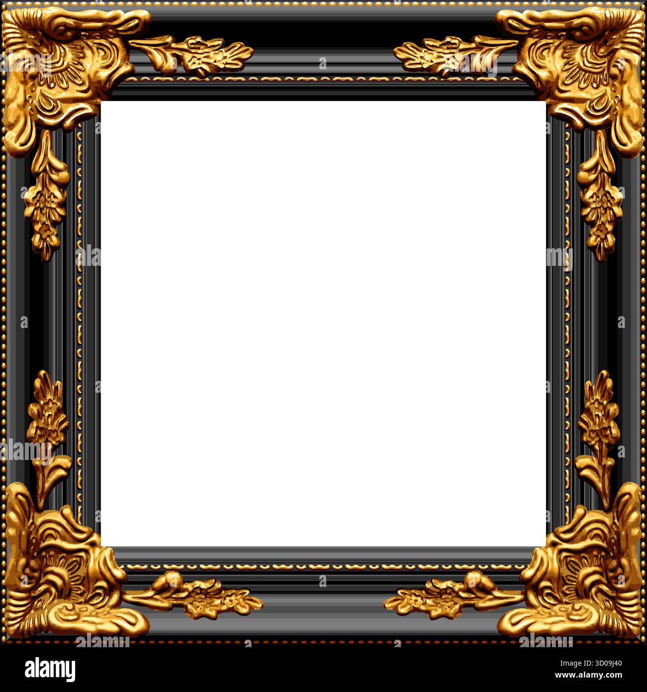 cornice quadrata dorata nera dorata dorata, decorata e realistica, con vettore per ritratti isolato su sfondo trasparente Illustrazione Vettoriale