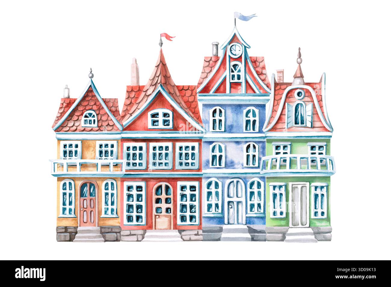 Strada cittadina con 4 case colorate. Illustrazione isolata ad acquerello di edifici colorati per la progettazione di prodotti stampati di studi di architettura, gui Foto Stock