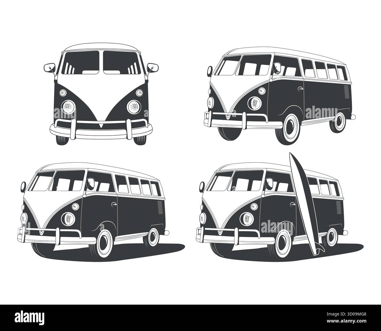 Set di icone camper retro, illustrazione vettoriale. Silhouette minibus classiche. Furgone da surf vintage con bordo. Vista frontale e laterale del microbus. Clipart per Illustrazione Vettoriale