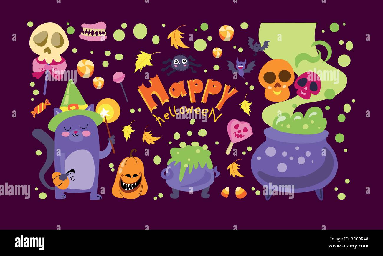 Set Halloween con oggetti natalizi di mascotte fantasmi, zucche, lapide, pozioni, gatto nero, caramelle, occhi, mazza. Illustrazione vettoriale in stile piatto Illustrazione Vettoriale