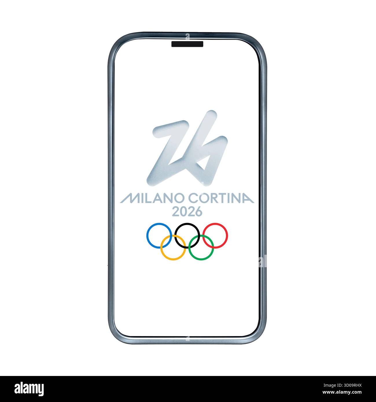 Logo delle olimpiadi invernali di Milano Cortina 2026 su uno schermo del telefono isolato su sfondo bianco, ritagliato Foto Stock