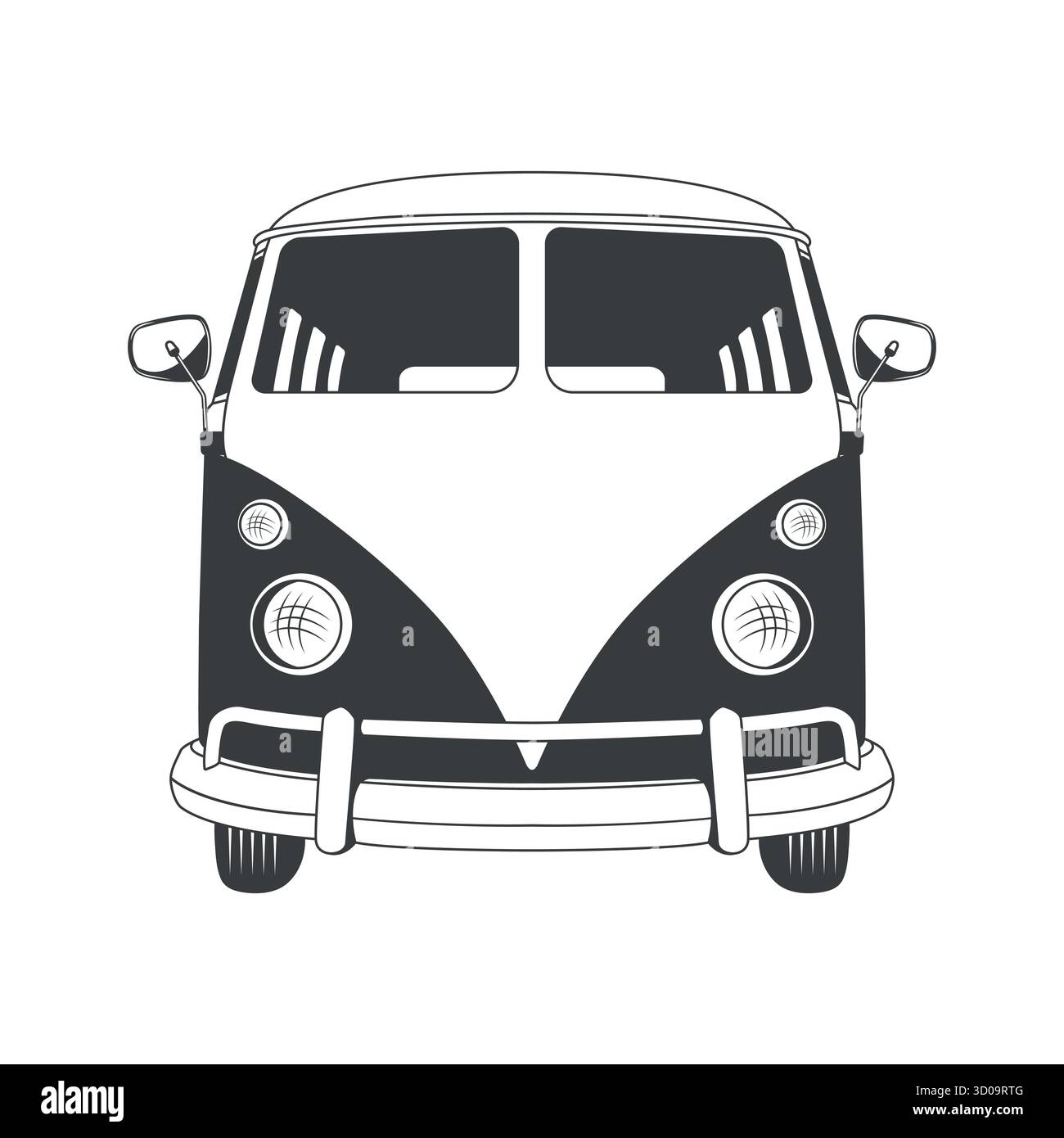 Icona camper retro. Illustrazione vettoriale. Silhouette minibus classica. Furgone da surf vintage con bordo. Clipart del microbus per badge, logo Summer Beach Illustrazione Vettoriale