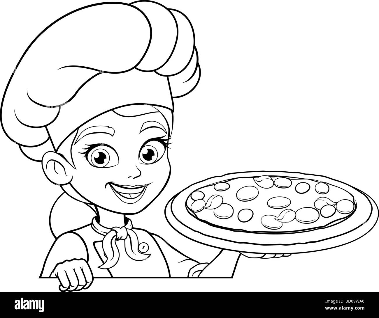 Chef donna Black White Cartoon con piatto per pizza Illustrazione Vettoriale