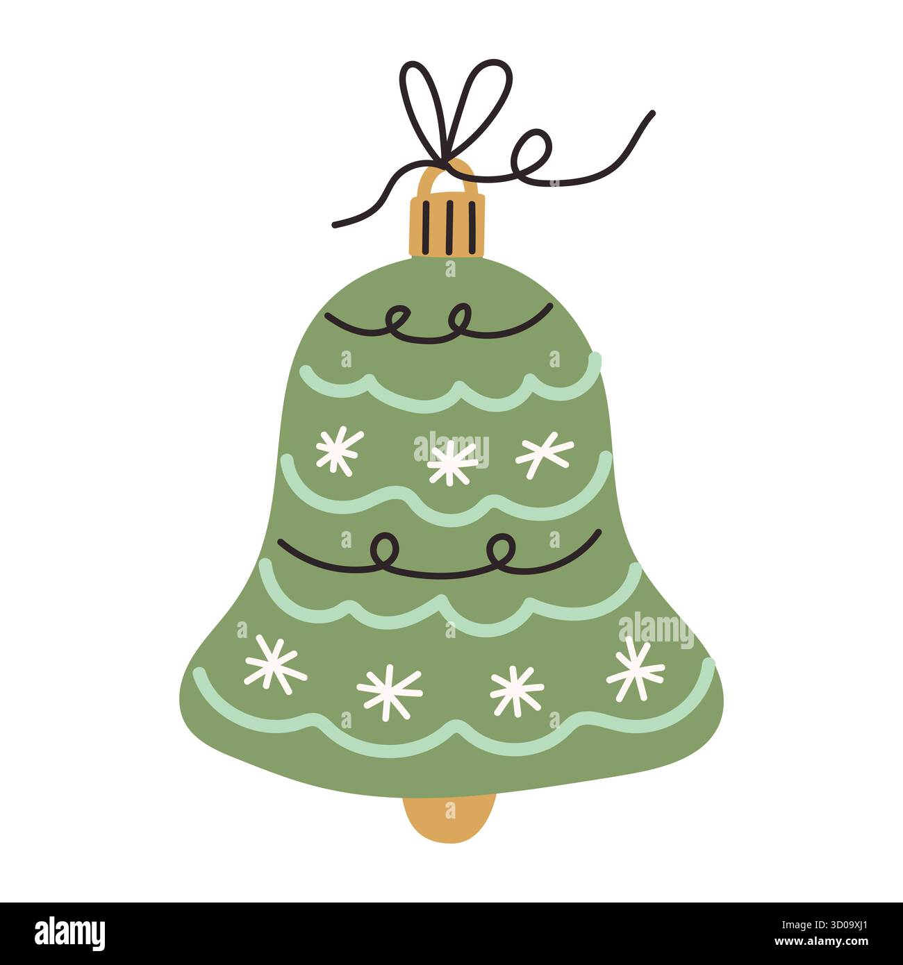 Un ornamento verde a campana natalizia presenta linee ondulate e fiocchi di neve. Questo accessorio decorativo è perfetto per valorizzare le decorazioni natalizie e creare un Illustrazione Vettoriale