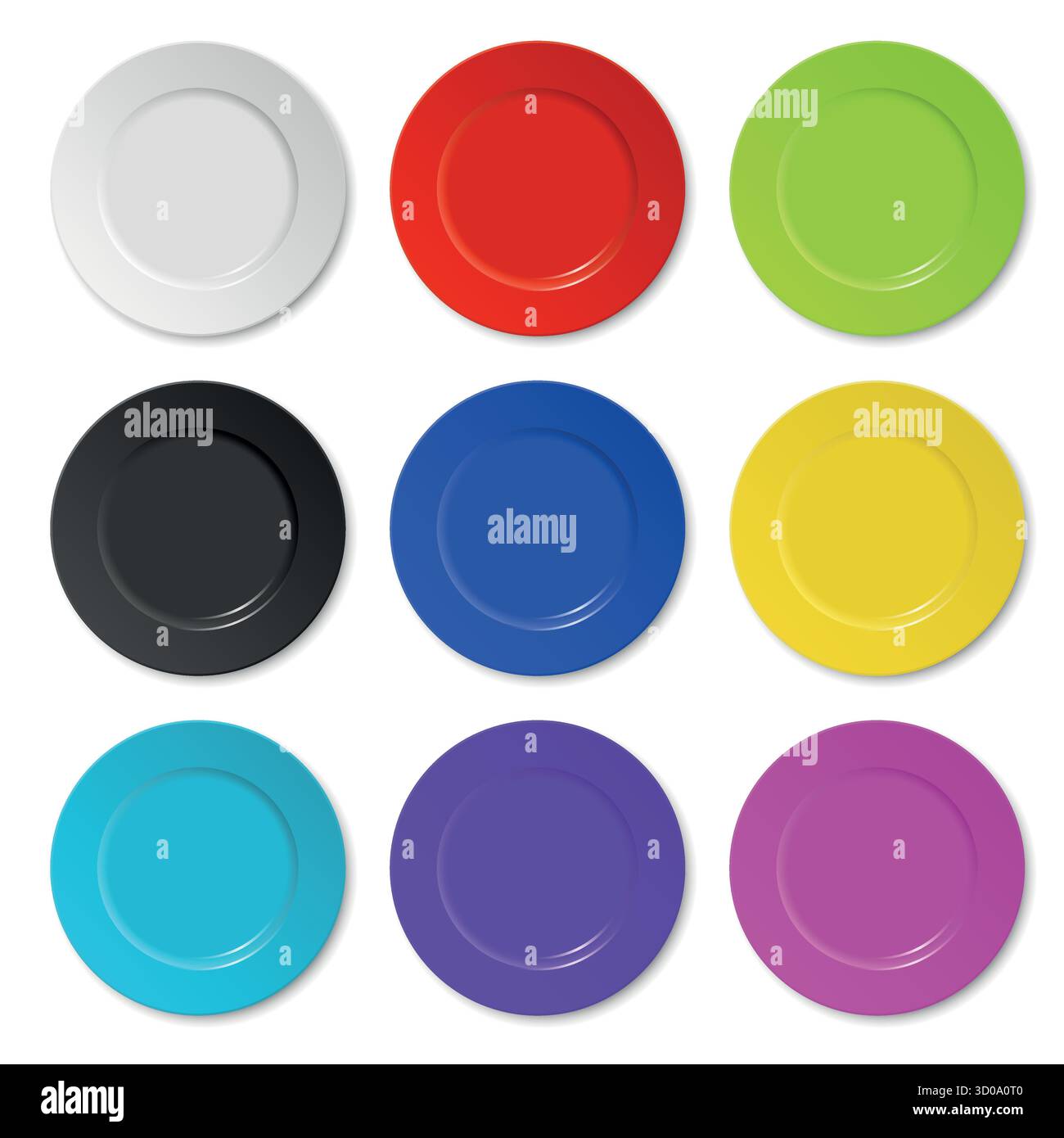 Set di piatti colorati Vector 3d realistici. Prelievo su piastra rotonda. Vista dall'alto Mockup piastra, isolato. Stoviglie vettoriali per menu ristorante e cibo Illustrazione Vettoriale
