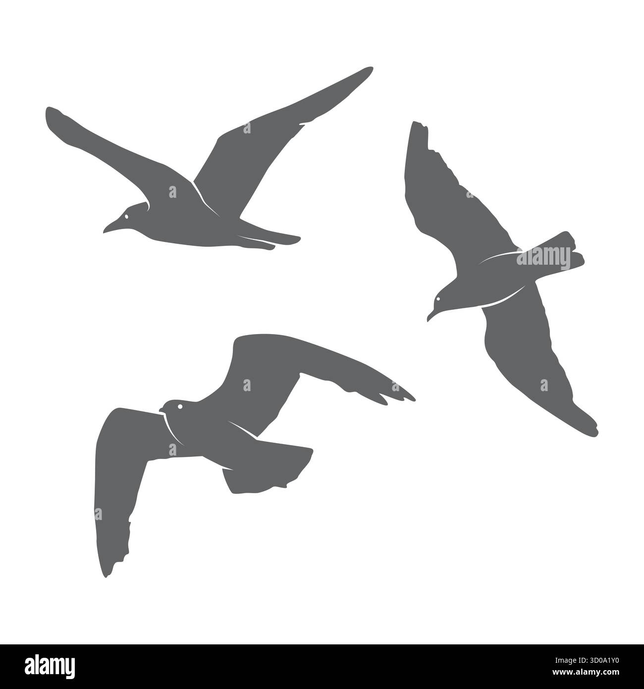Set sagoma gabbiano, illustrazione vettoriale. Flying Seagull Birds in pose, icona del gabbiano. Forme di uccello marino per logo spiaggia, decorazioni costiere, adesivi Illustrazione Vettoriale