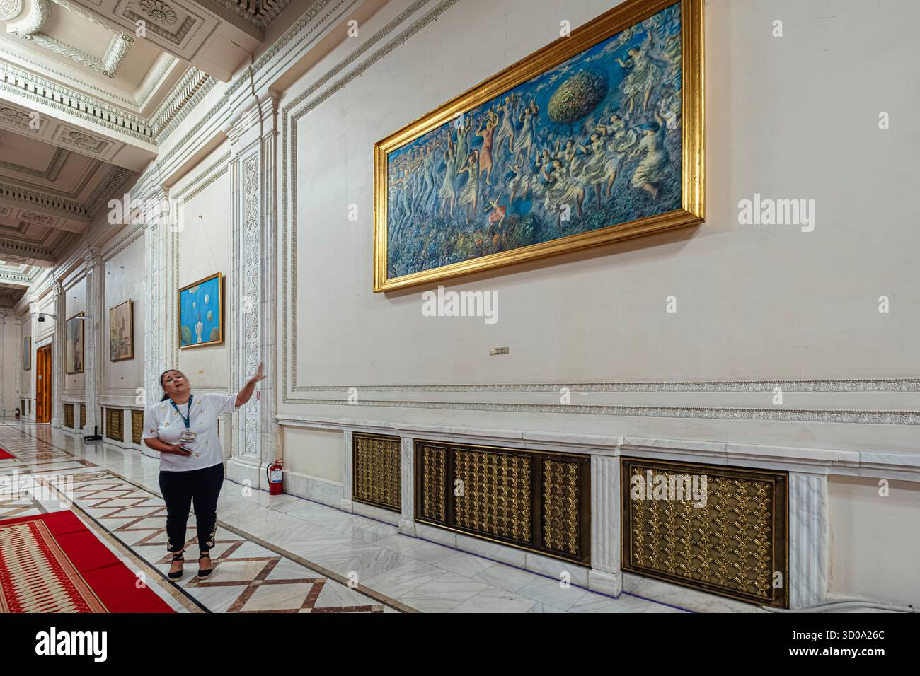 Romania, Bucarest, settore 5, Palazzo del Parlamento in stile neoclassico la cui costruzione iniziò nel 1984 sotto il regime del dittatore comunista Nicolae Ceau?escu, dipinto Apoteoza (1984) dell'artista rumeno Sabin B?la?a (1932-2008) Foto Stock