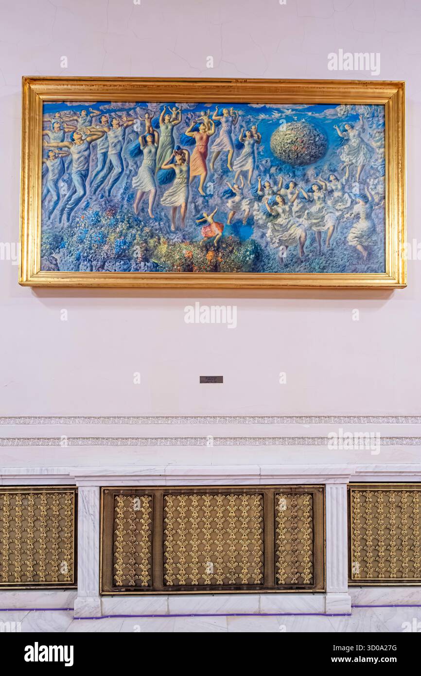 Romania, Bucarest, settore 5, Palazzo del Parlamento in stile neoclassico la cui costruzione iniziò nel 1984 sotto il regime del dittatore comunista Nicolae Ceau?escu, dipinto Apoteoza (1984) dell'artista rumeno Sabin B?la?a (1932-2008) Foto Stock