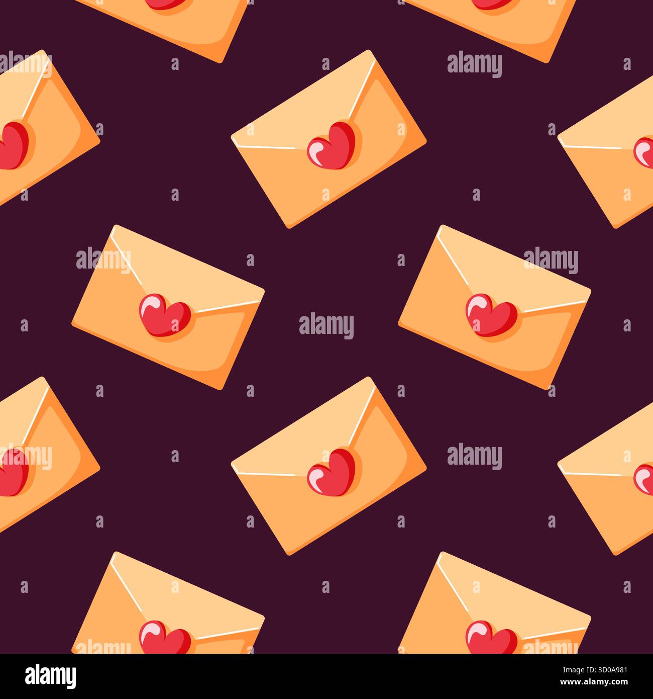 Motivo senza cuciture con busta chiusa sigillata con cuore rosso su sfondo scuro in stile piatto. Ama il romanticismo e l'affetto per il design diurno valentino. Illustrazione Vettoriale