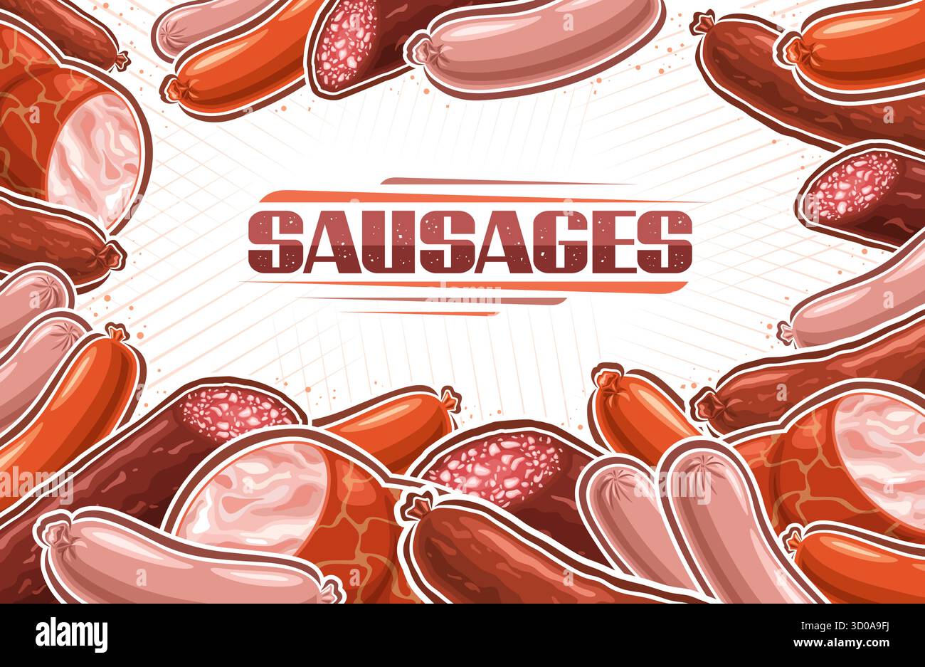 Vector Sausage Layout con spazio di copia vuoto per l'annuncio, modello decorativo con molte diverse composizioni di salsicce bollite, poster orizzontale con gruppo di Illustrazione Vettoriale