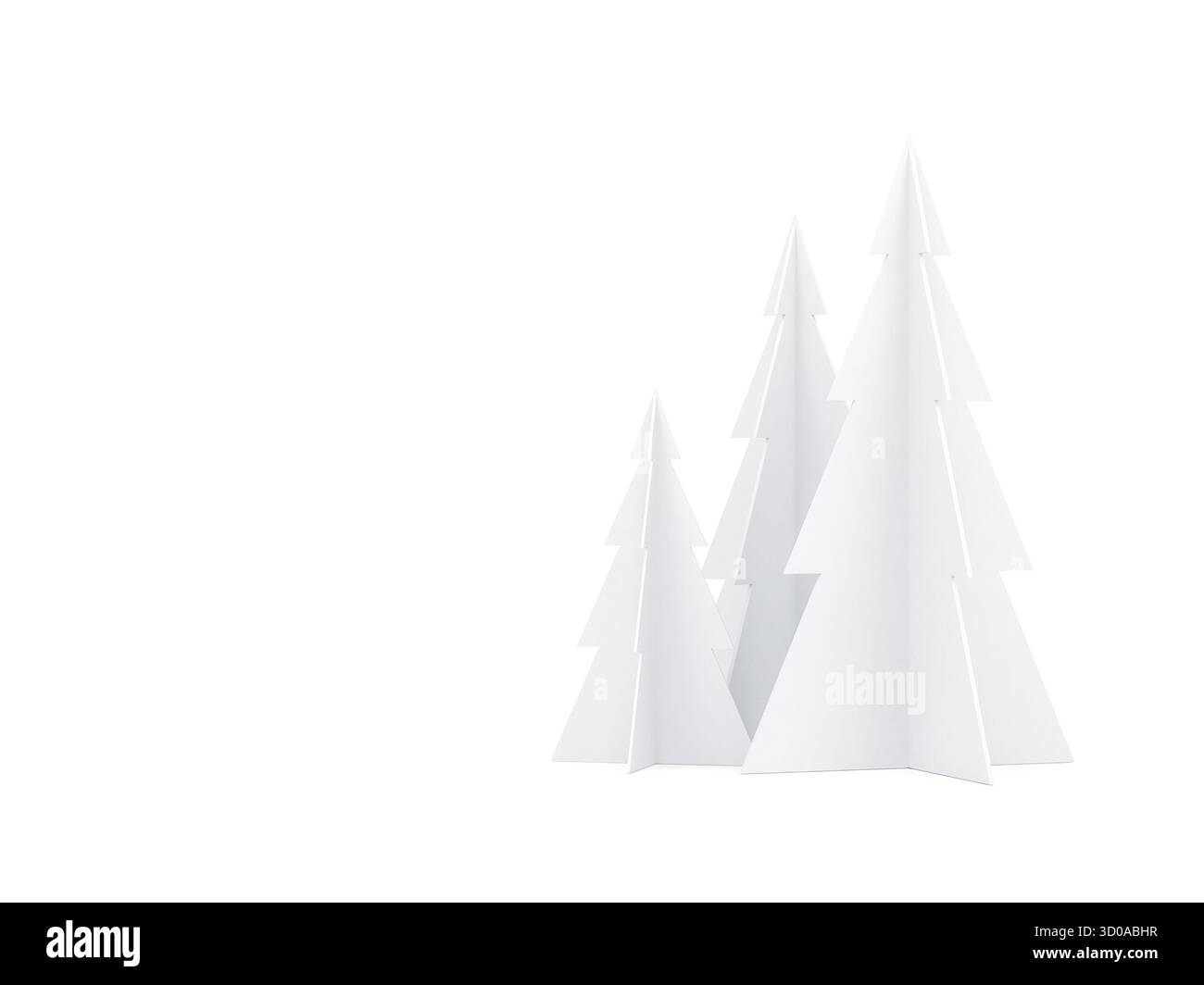 Tre alberi di natale su sfondo bianco per biglietti d'auguri, rendering 3d. Foto Stock