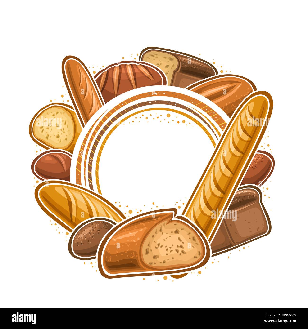 Cornice per pane vettoriale con spazio di copia per il testo dell'annuncio, bordo arrotondato decorativo con composizione di pane integrale assortita, cartello circolare con gruppo di tr Illustrazione Vettoriale