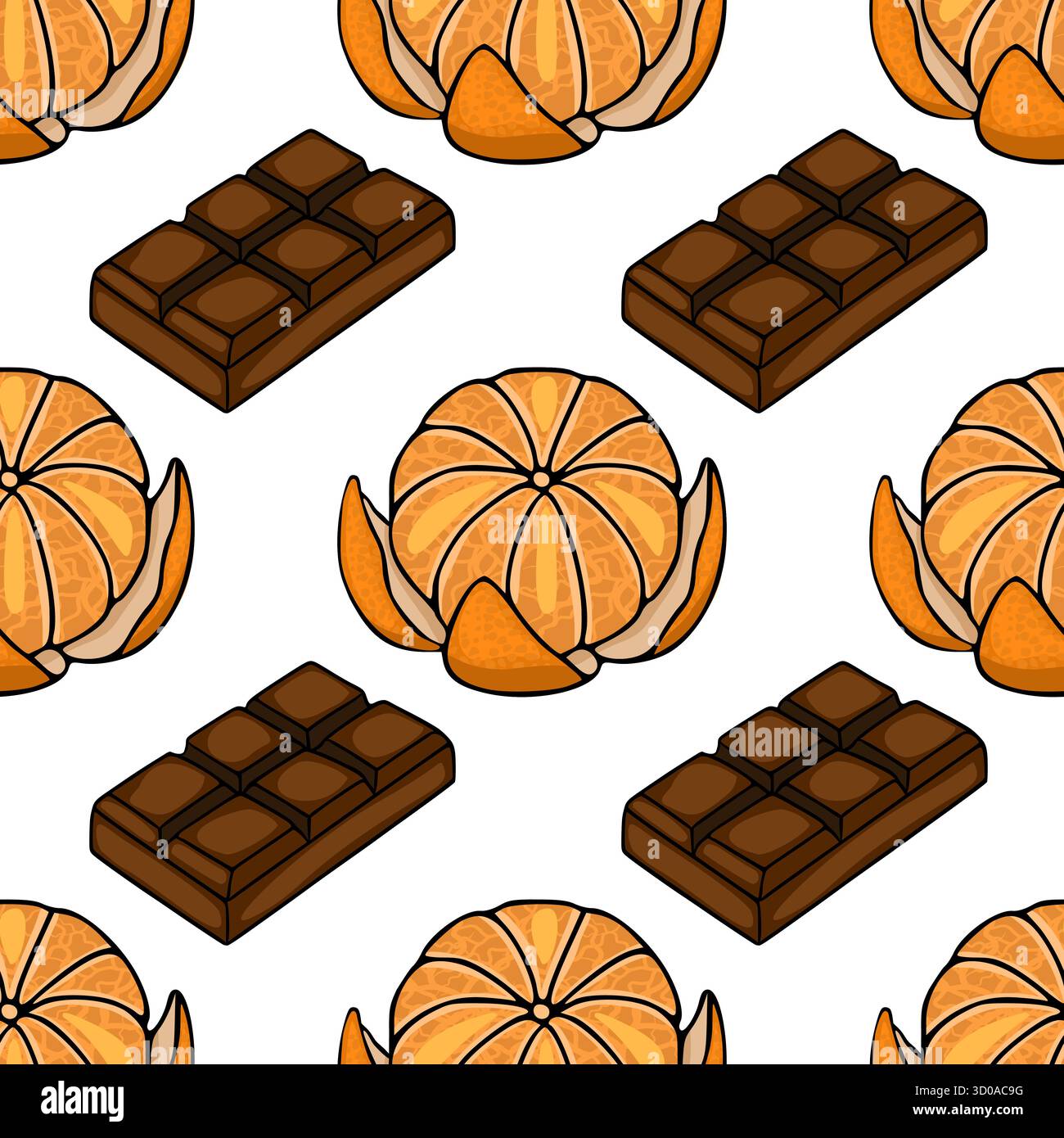Motivo vettoriale senza cuciture con barrette isometriche di cioccolato e mandarini sbucciati su sfondo bianco. Illustrazione Vettoriale