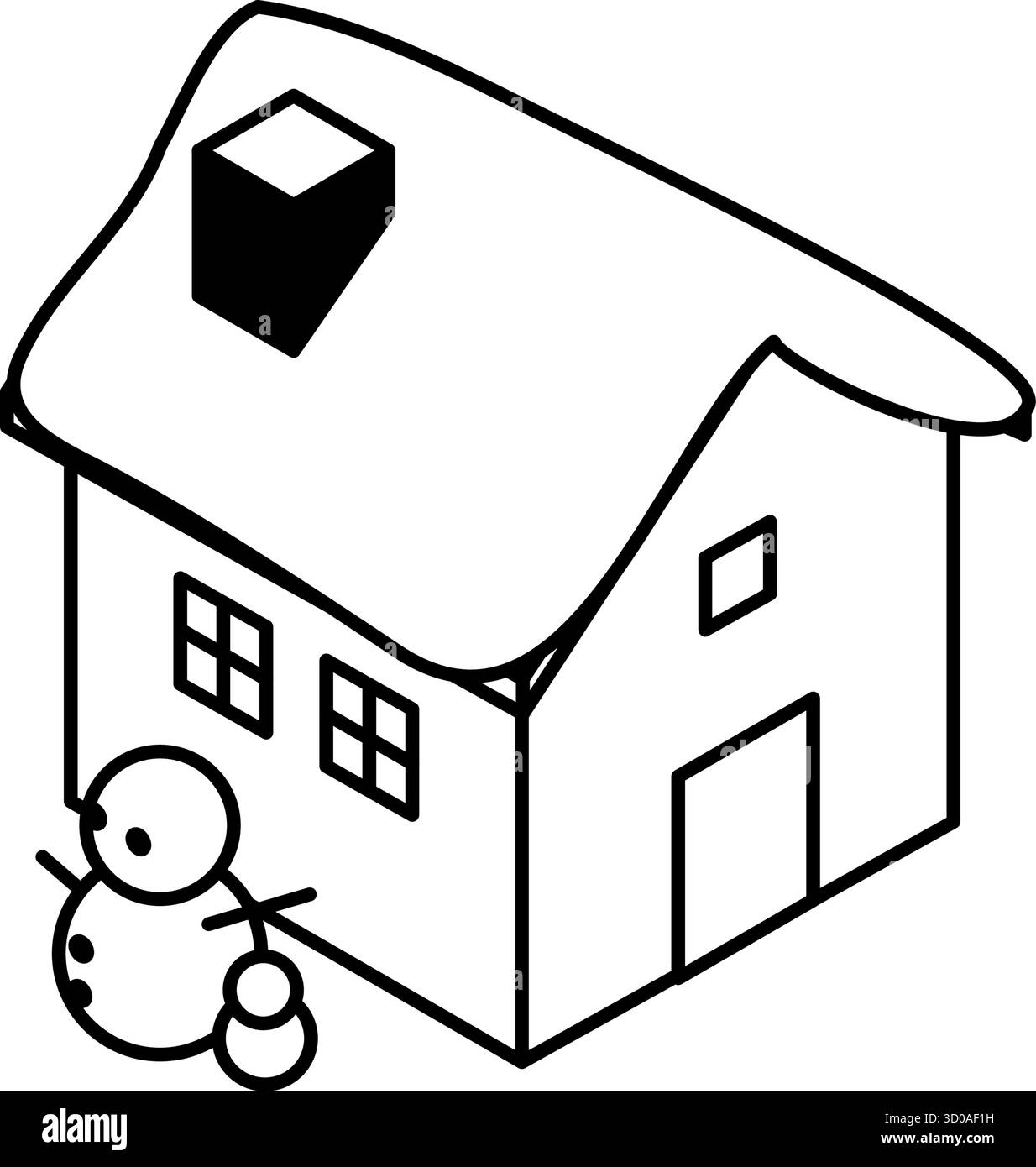 Casa coperta di neve e pupazzo di neve nel paesaggio invernale, scena natalizia, disegno isometrico, bianco e nero, illustrazione vettoriale Illustrazione Vettoriale