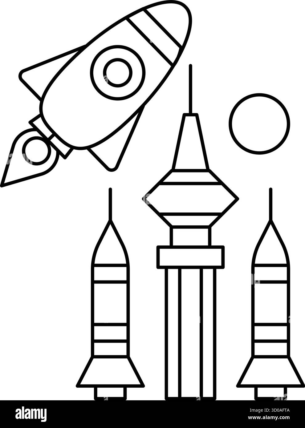Un razzo sta volando nello spazio ed è circondato da tre edifici alti. Il razzo è il fuoco principale dell'immagine, ma gli edifici aggiungono profondità e. Illustrazione Vettoriale