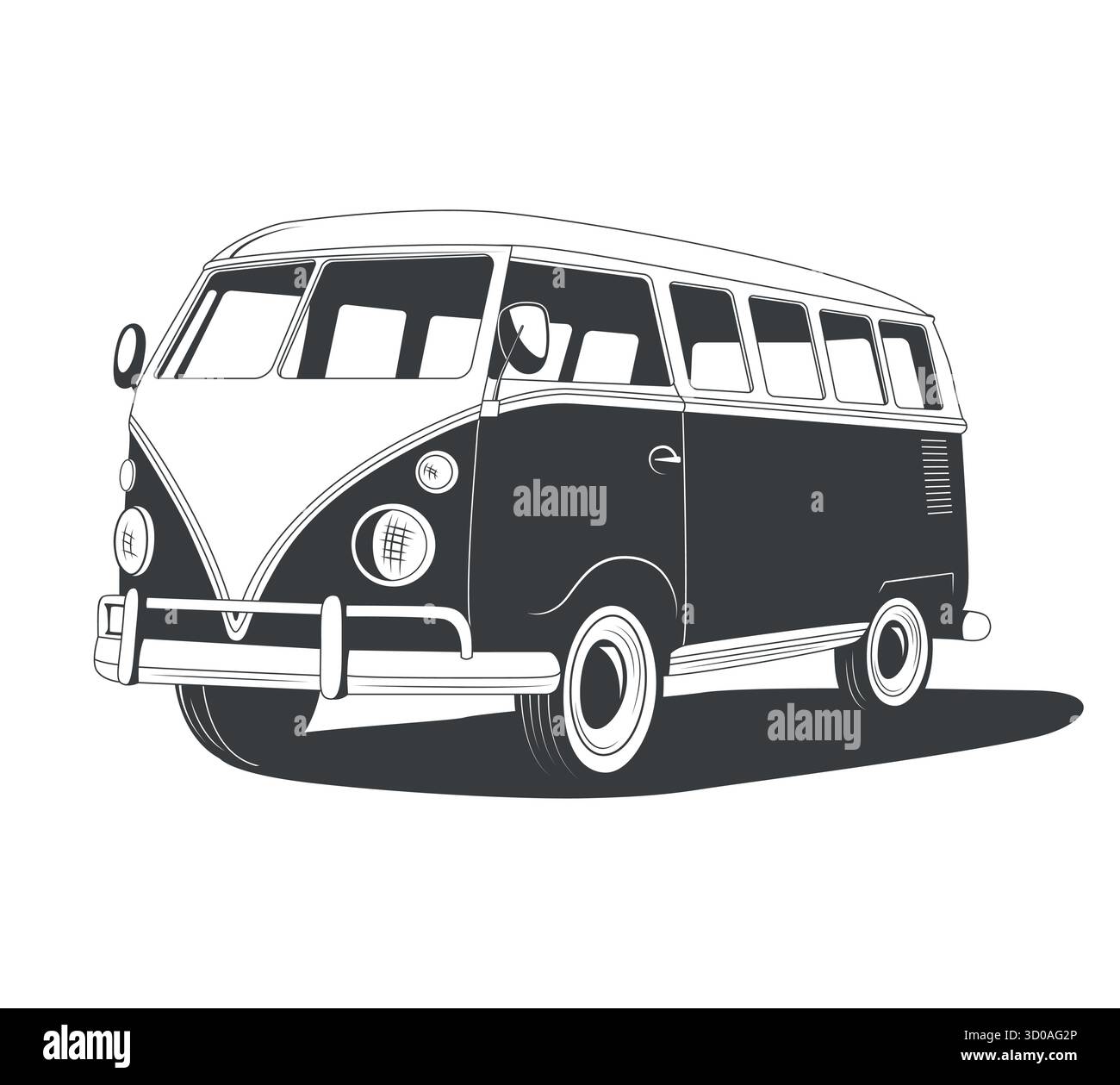 Icona camper retro. Illustrazione vettoriale. Silhouette minibus classica. Furgone da surf vintage con bordo. Clipart del microbus per badge, logo Summer Beach Illustrazione Vettoriale