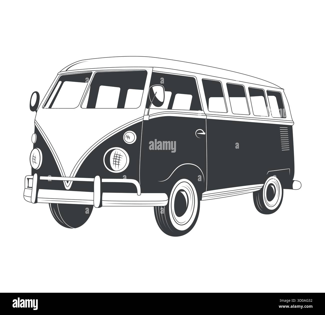 Icona camper retro. Illustrazione vettoriale. Silhouette minibus classica. Furgone da surf vintage con bordo. Clipart del microbus per badge, logo Summer Beach Illustrazione Vettoriale