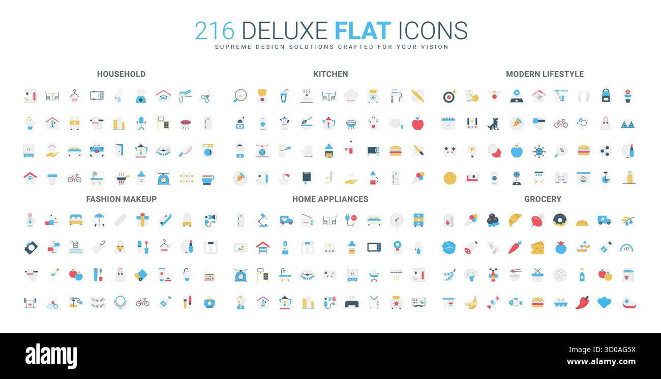Collezione completa di icone piatte che mostra la casa, la cucina, lo stile di vita, il trucco, gli elettrodomestici, e prodotti alimentari indispensabili per la vita quotidiana e l'organizzazione, illustrazioni vettoriali isolate Illustrazione Vettoriale