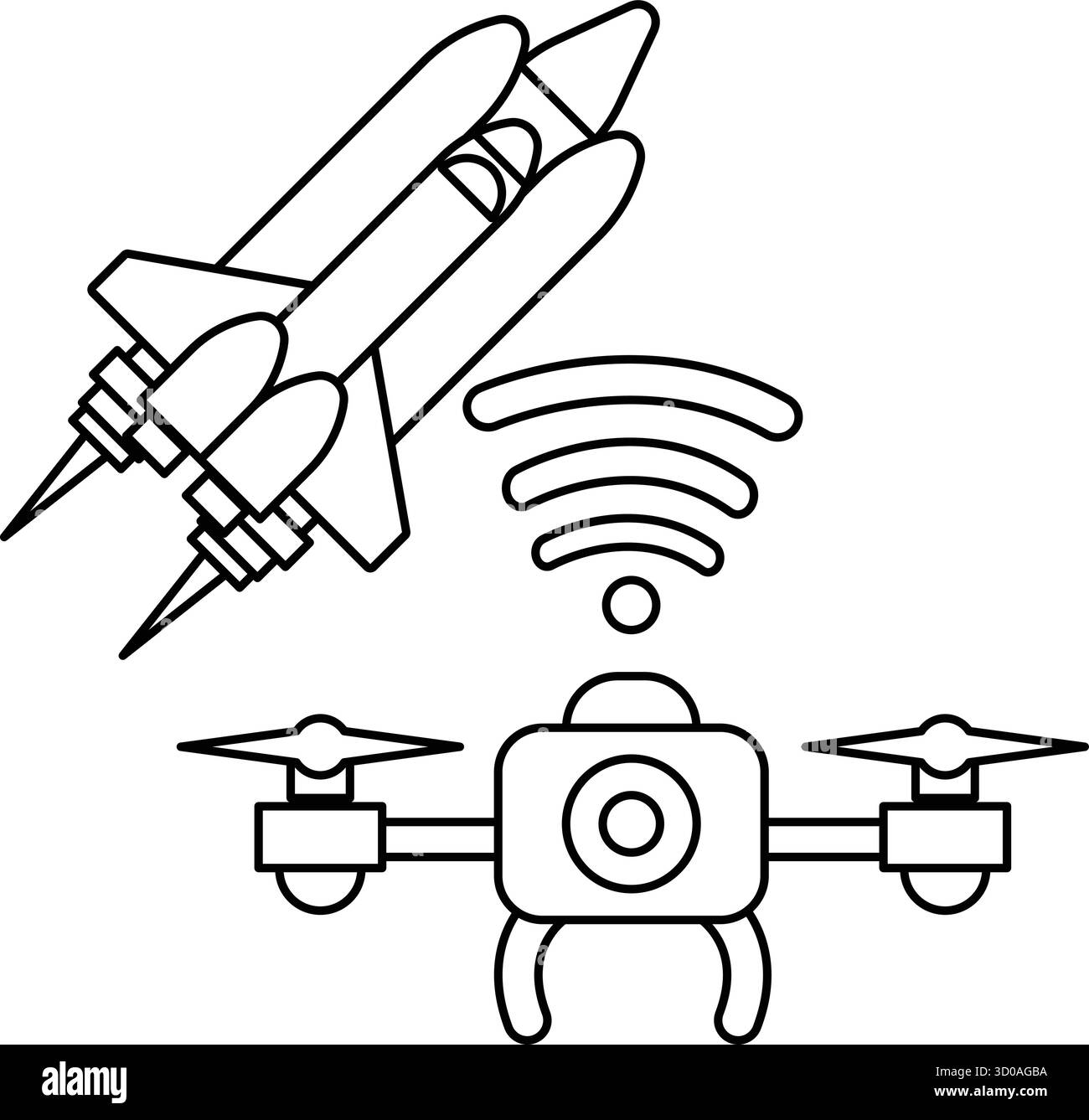 Un disegno in bianco e nero di un razzo e di un drone. Il razzo è sullo sfondo e il drone è in primo piano. Il disegno trasmette un senso di Illustrazione Vettoriale
