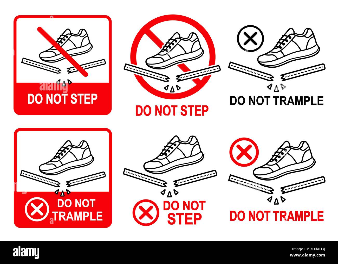 Non calpestare confezioni fragili, non calpestare, non camminare sulla confezione, icona della superficie rompibile. Maneggiare con cura. Pericolo rottura con le scarpe. Vettore Illustrazione Vettoriale