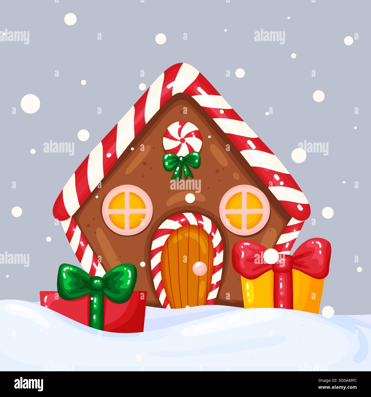 Adorabile casa di pan di zenzero decorata con strisce di canna da zucchero e un lecca lecca, incastonata nella neve profonda con fiocchi di neve cadenti. Due natalizi vivaci Illustrazione Vettoriale