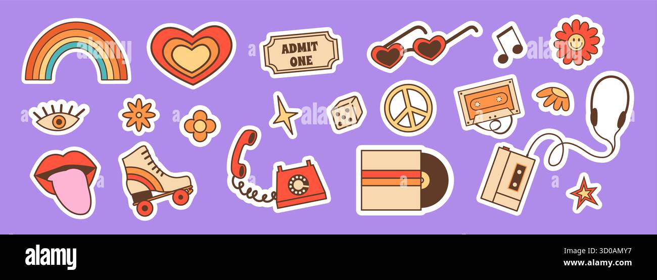 Confezione di adesivi dall'estetica retro Y2K con simboli nostalgici e divertenti design della cultura pop. Collezione decorativa alla moda per scrapbooking e laptop Illustrazione Vettoriale