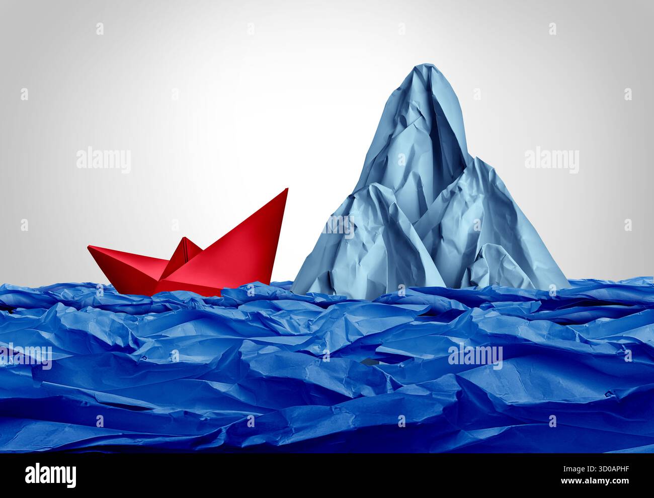 Concetto di rischio di crisi e pericolo e metafora aziendale come minaccia incombente con una barca di carta e una scultura di origami che rappresentano sfide ed evitare Foto Stock