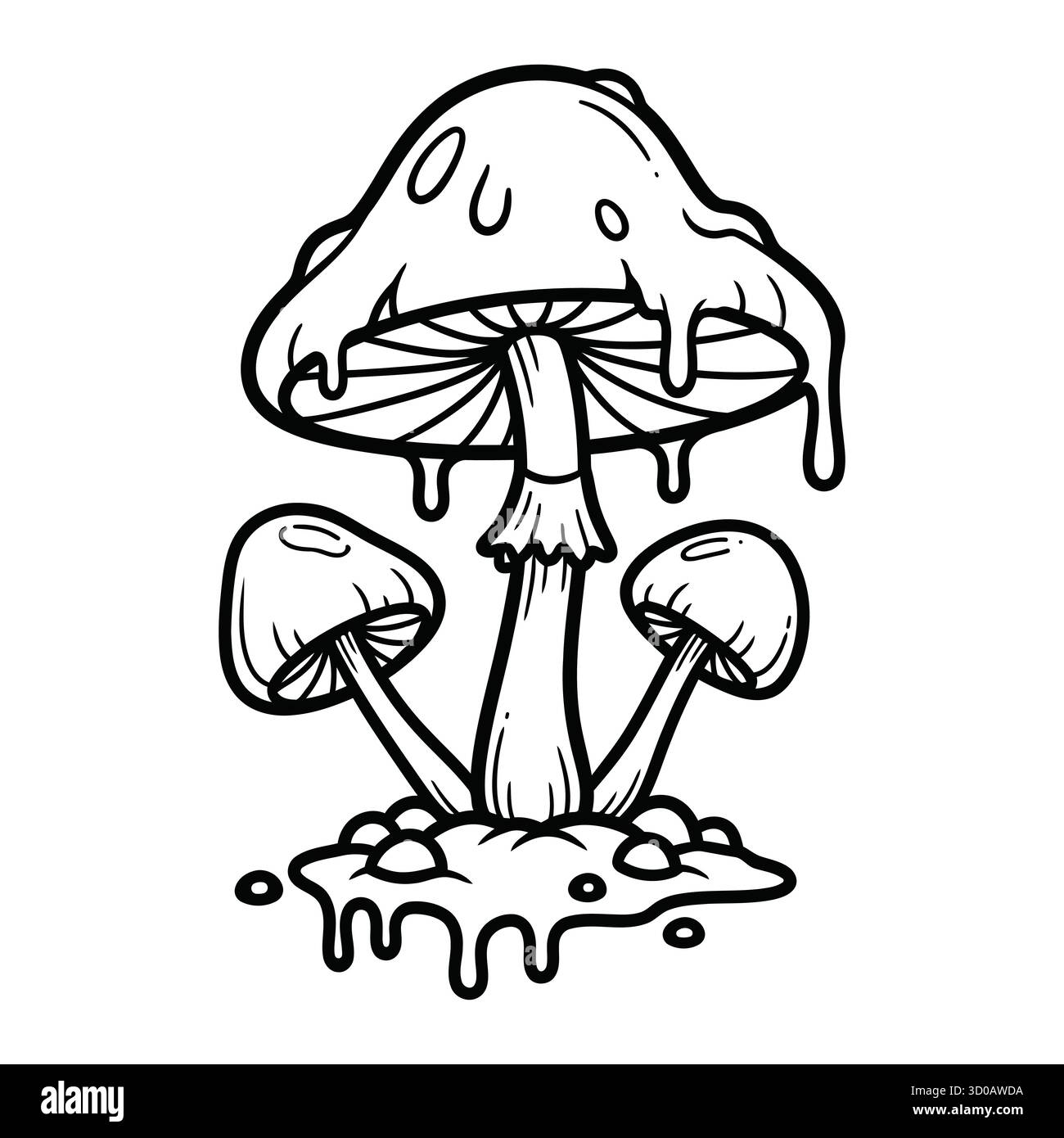 Funghi psichedelici di fusione Black and White Cartoon Illustrazione Vettoriale