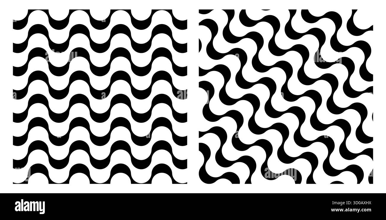 Motivo ondulato vettoriale in stile portoghese, ispirato al marciapiede della spiaggia di Copacabana. Linee curve in bianco e nero che si ripetono senza interruzioni Illustrazione Vettoriale