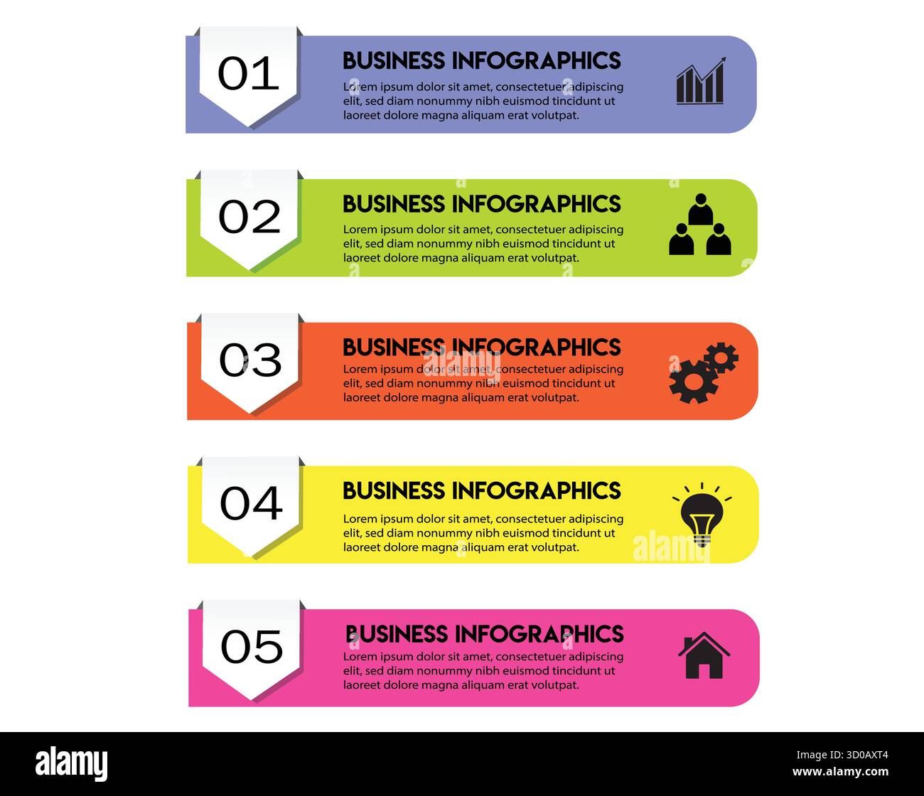 Modello infografico aziendale colorato con cinque passaggi, banner numerati, icone e caselle di testo per presentazione, flusso di lavoro, grafico dei processi, dati visivi Illustrazione Vettoriale
