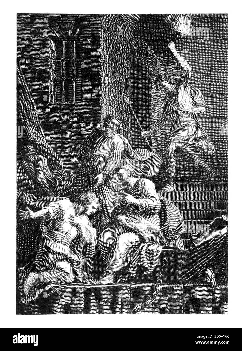 1815 incisione di San Paolo e la conversione del carcerato (atti) dalla Sacra Bibbia del XVIII secolo la storia autoesplicativa e la vita di Gesù Chris Foto Stock