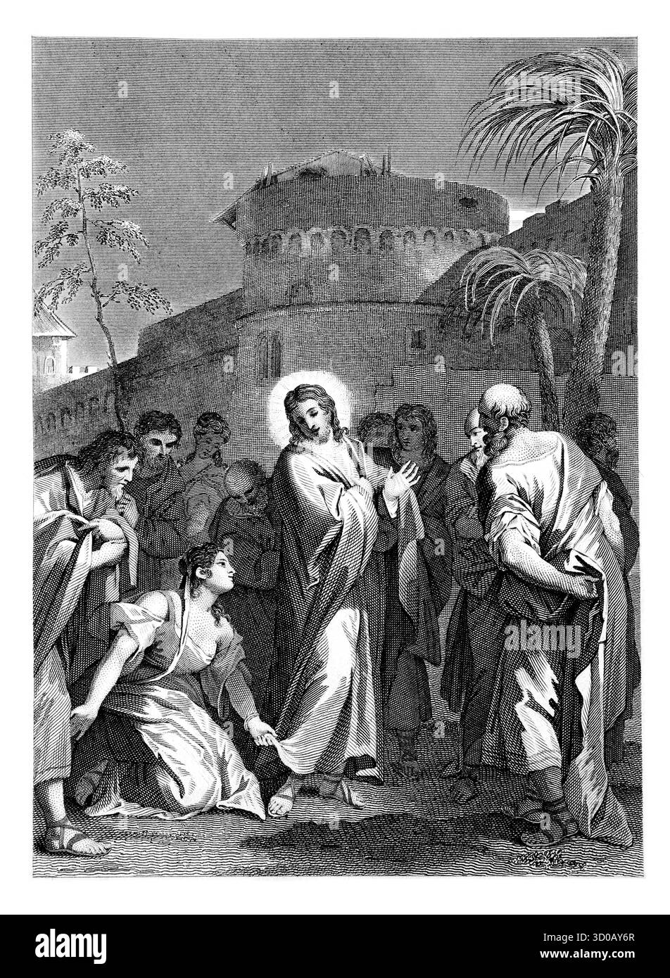 1814 l'incisione di Una donna che aveva sanguinato e sofferto per 12 anni, si presentò dietro Gesù Cristo e toccò l'orlo della sua veste credendo Foto Stock