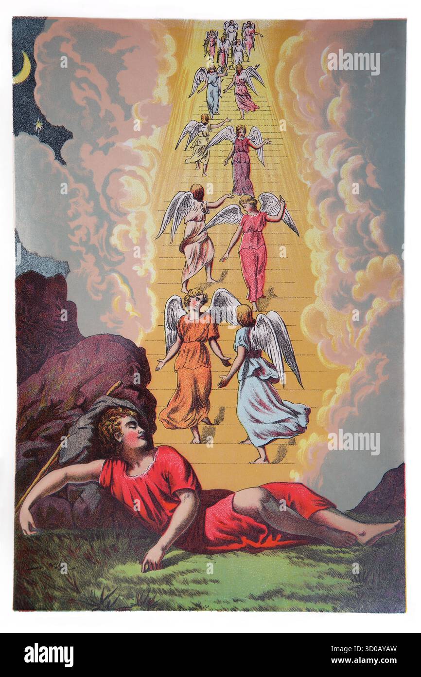 Illustrazione del sogno di Jacob mentre dorme Jacob ha un sogno da Dio vede gli Angeli salire e scendere una scala che raggiunge il cielo (Gen Foto Stock