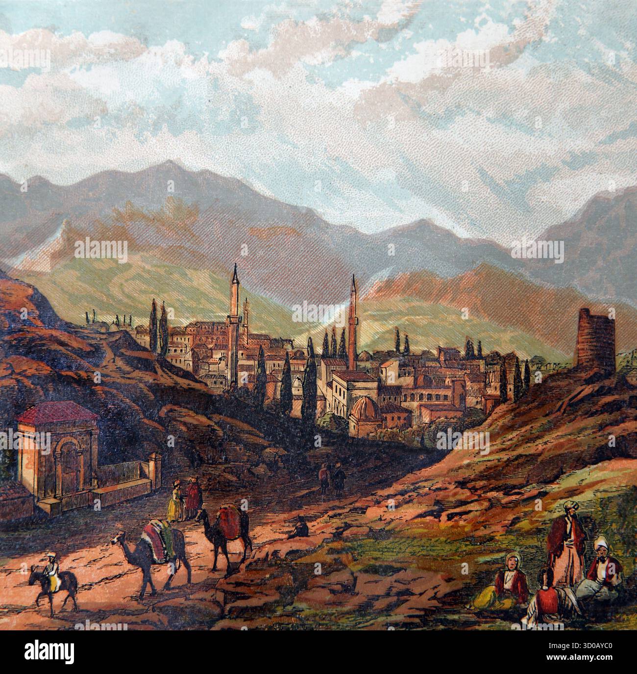 Illustrazione Pergamo dal Libro delle Apocalisse dove Giovanni il Teologo fu comandato di scrivere le sue visioni e inviarle a 7 Efei delle Chiese Foto Stock