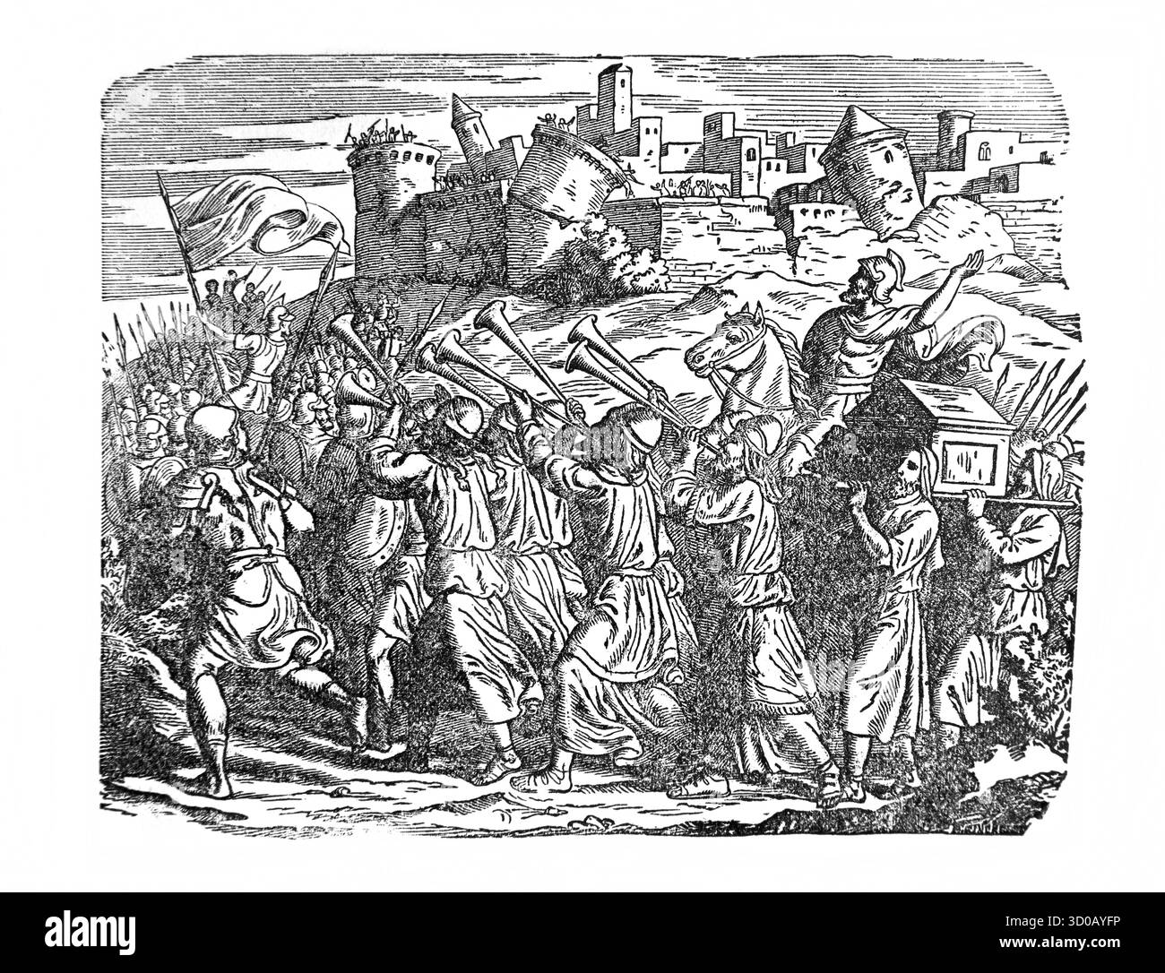 Illustrazione della caduta di Gerico - suono trombe il popolo grida e le mura di Gerico cadono gli Israeliti marciavano una volta al giorno per 6 giorni e 7 Foto Stock