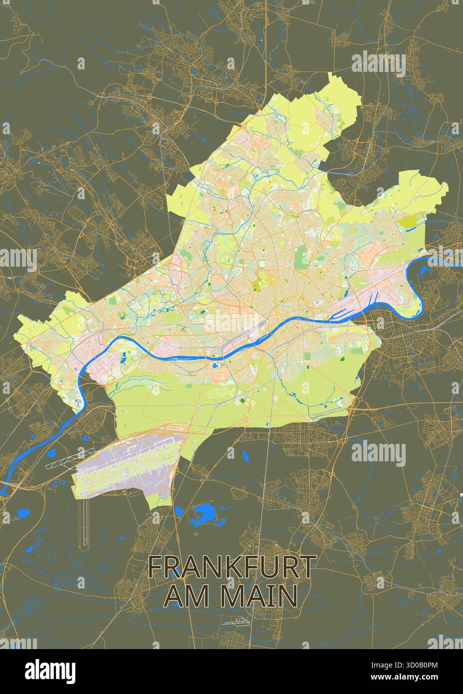 Questa è una mappa dettagliata di Francoforte sul meno, Germania. La mappa presenta una rete di strade e strade in marrone chiaro su uno sfondo scuro. Illustrazione Vettoriale
