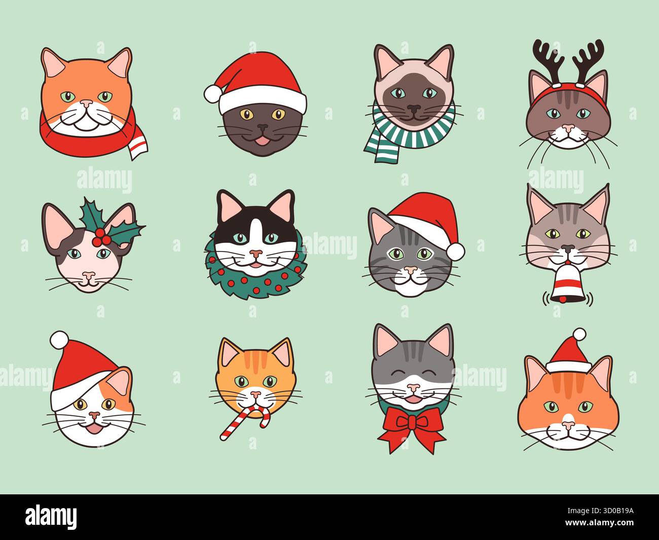 Set di facce di gatto felici con decorazioni natalizie, isolate Illustrazione Vettoriale