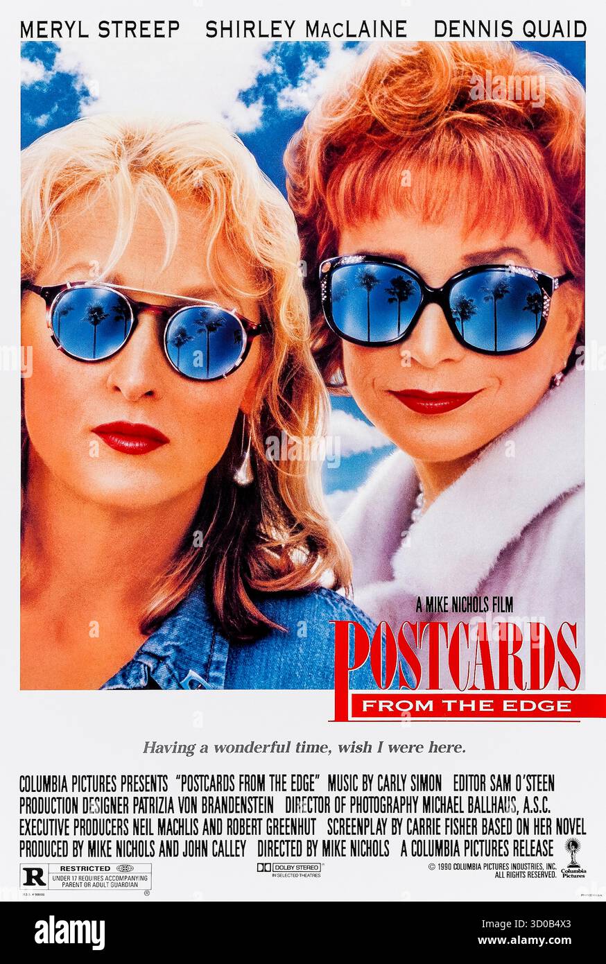 Postcards from the Edge (1990) diretto da Mike Nichols e interpretato da Meryl Streep, Shirley MacLaine e Dennis Quaid. Un'attrice si afferra con la riabilitazione mentre si dirige verso la sua relazione con la madre prepotente. Fotografia di un poster originale del 1990 USA a un foglio SOLO PER USO EDITORIALE. Crediti: BFA / Columbia Pictures Foto Stock