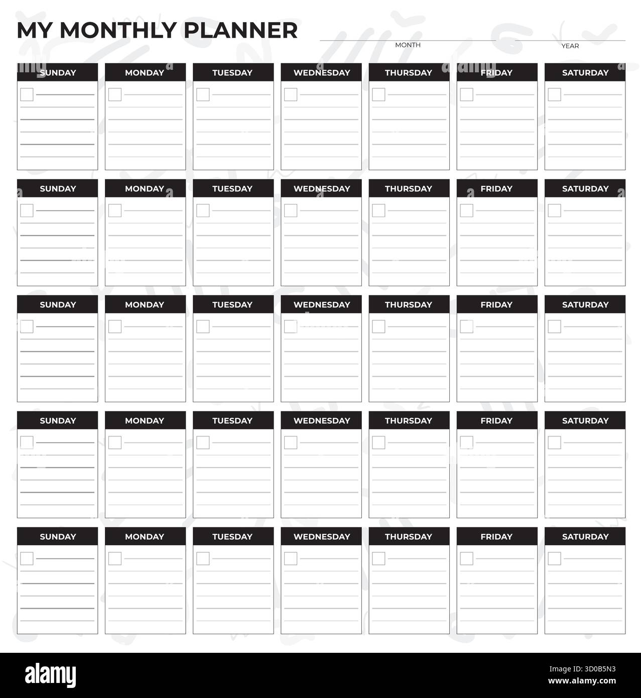 Modello di pianificazione mensile in bianco e nero – Layout organizzatore calendario stampabile - Design vettoriale Illustrazione Vettoriale