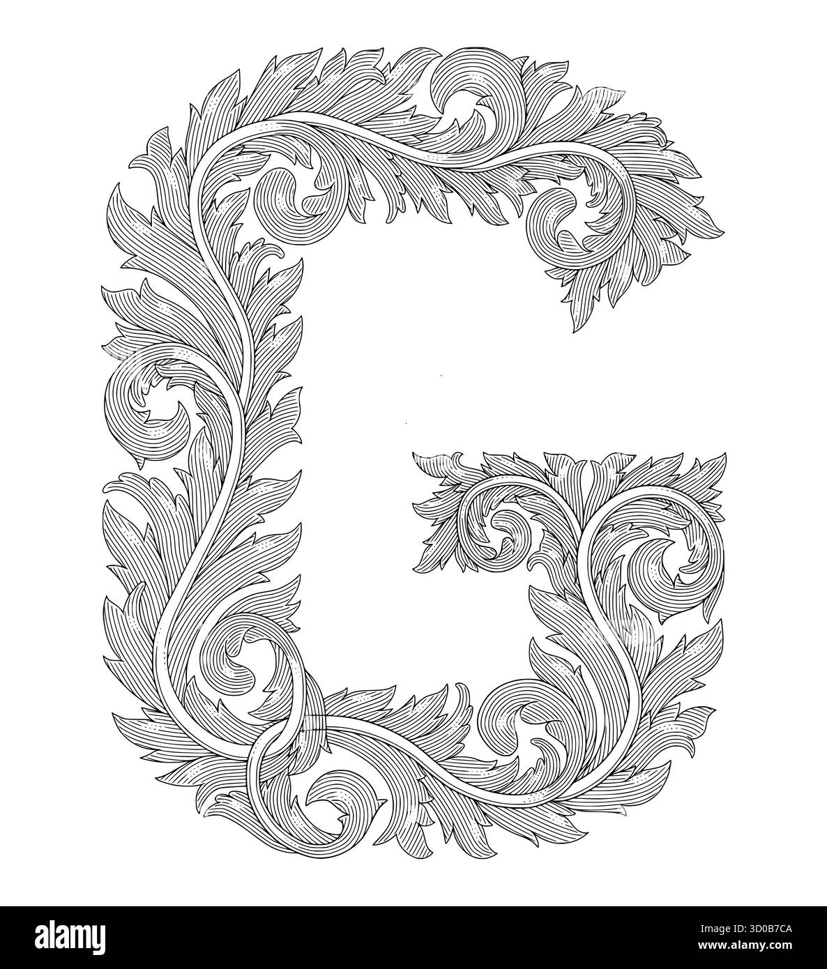 G alfanumerico iniziale in forma di ornamento floreale, illustrazione in stile disegno con incisione Vintage Illustrazione Vettoriale
