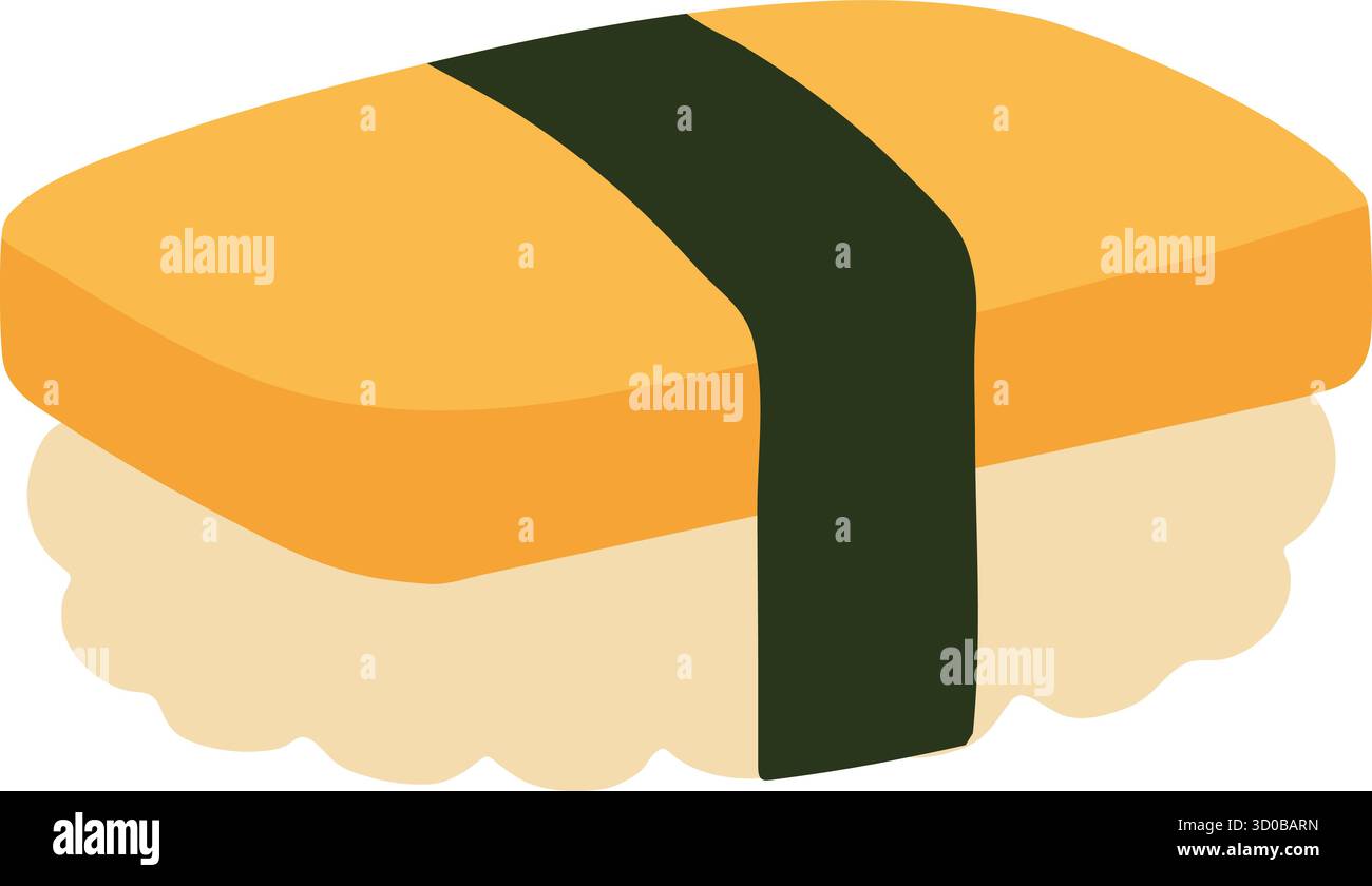 Un rettangolo dorato di omelette dolci si trova sul riso ed è fissato con una striscia di alghe scure Illustrazione Vettoriale