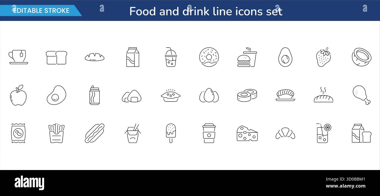 set di icone delle linee di cibo e bevande: menu, packaging e design del marchio modificabili per il ristorante stroke, caffè e cucina Illustrazione Vettoriale