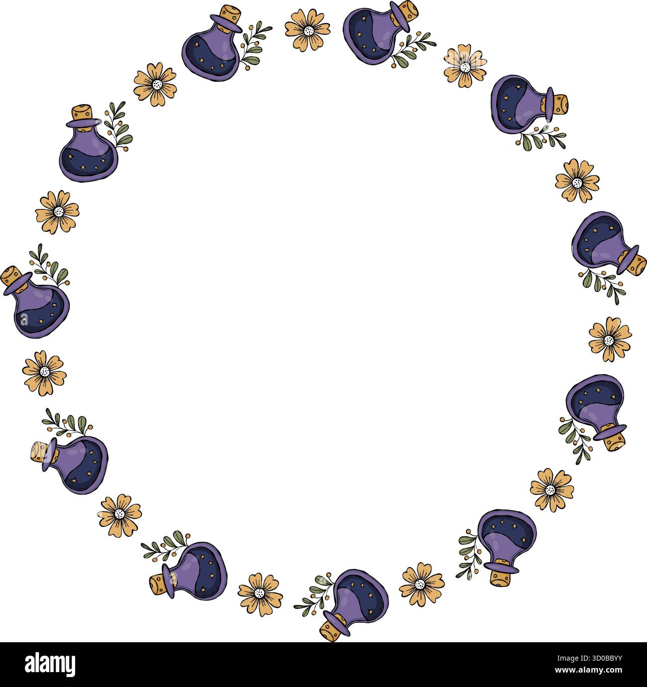 Cornice rotonda mistica. Corona floreale circolare con flacone di pozione magica. Doodle colorato e testurizzato per un design magico ed esoterico. Illo vettoriale Illustrazione Vettoriale