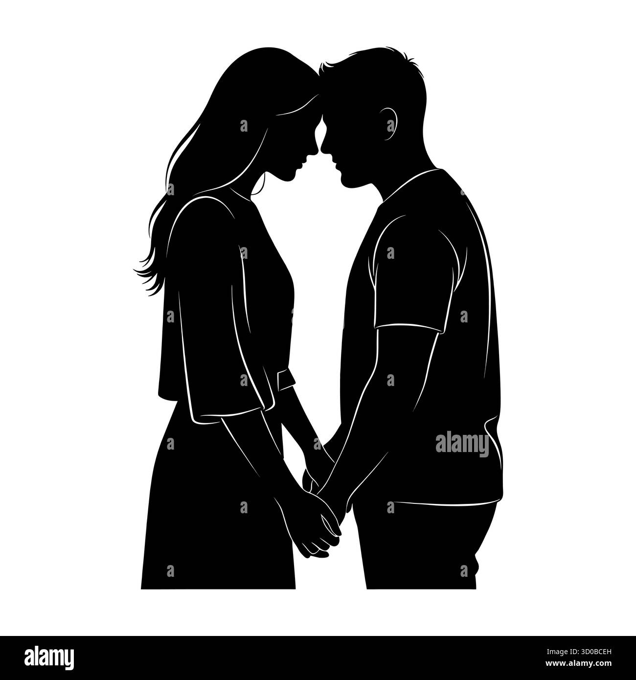 Silhouette di coppia in posa intima: Uomo e donna che si rivolgono e tengono le mani. Illustrazione Vettoriale