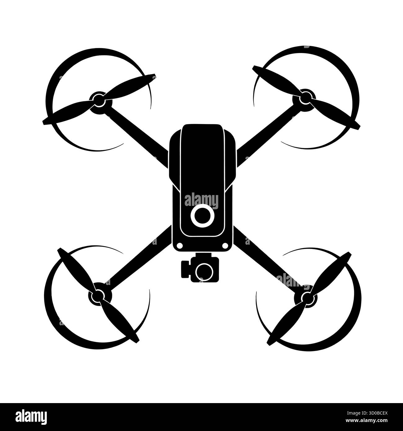 Silhouette di un drone quadricottero con fotocamera su sfondo bianco. Illustrazione Vettoriale