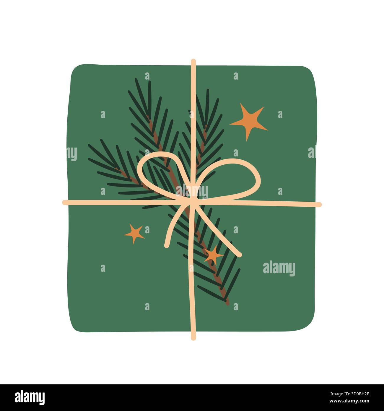 regalo di natale decorato con un ramo di abete e stelle dorate; composizione perfetta per biglietti d'auguri, poster e decorazioni invernali - illustrazione vettoriale Illustrazione Vettoriale