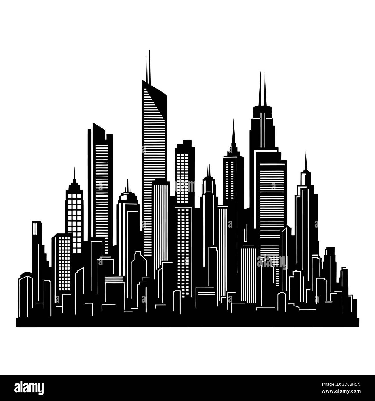 Silhouette nera del moderno skyline cittadino con grattacieli. Illustrazione Vettoriale