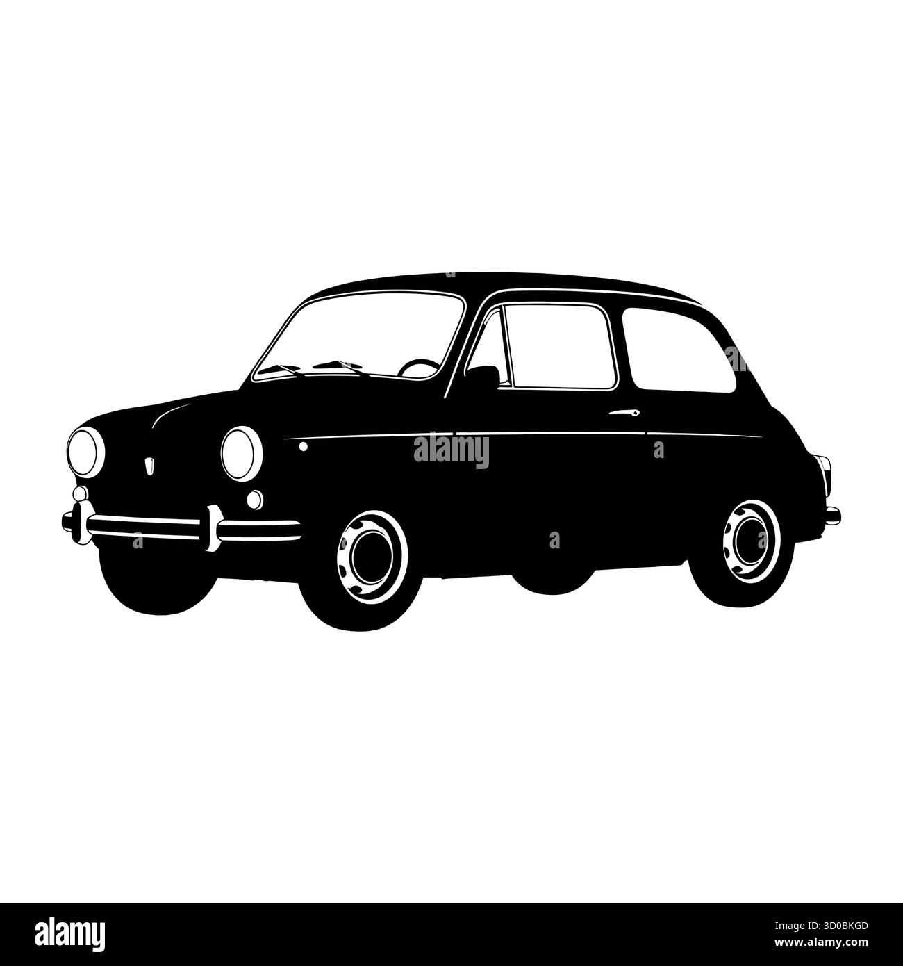 Silhouette di un'auto compatta classica con vista profilo su sfondo bianco. Illustrazione Vettoriale