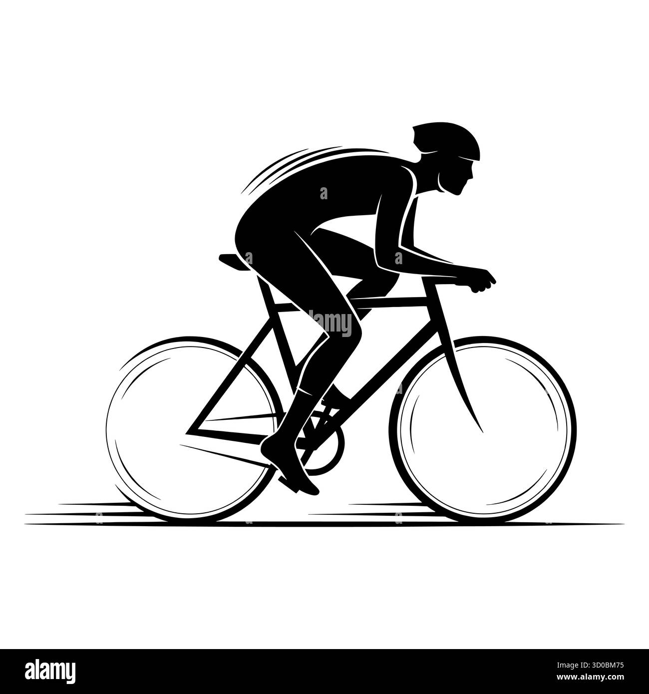Silhouette di ciclista maschile che corre in bicicletta con casco e linee di velocità. Illustrazione Vettoriale